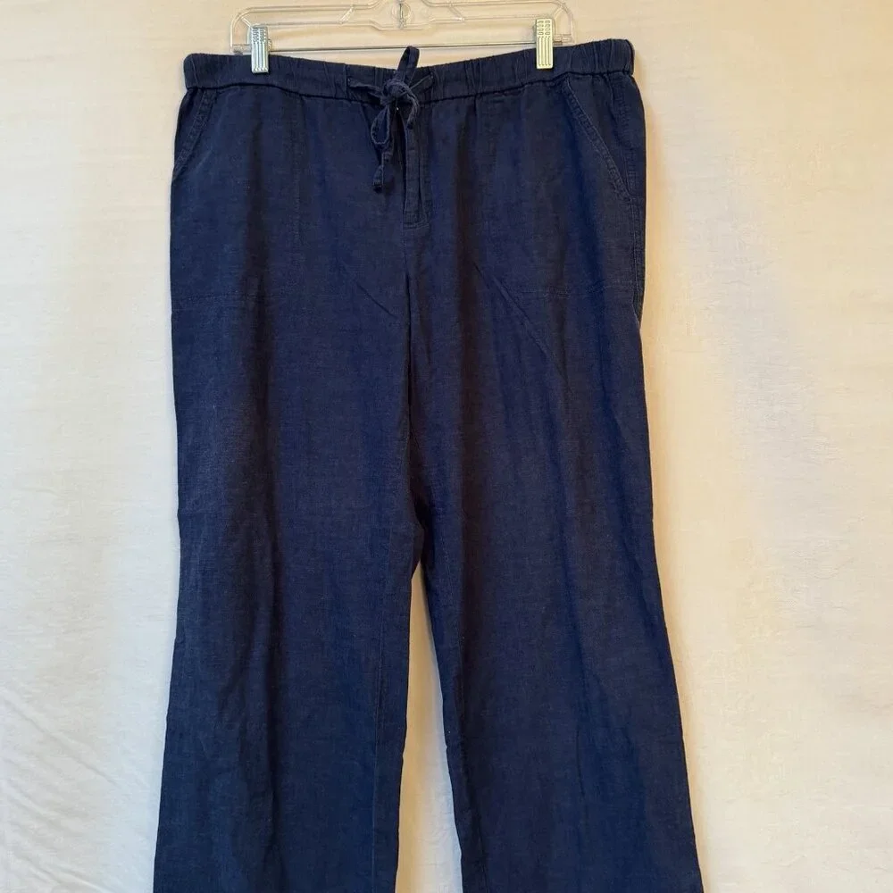 Liz Claiborne Pants Womens Large Blue Linen Cotton Elastic Waist Front Pockets